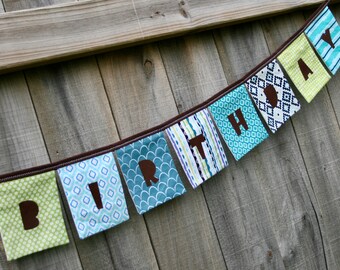 HAPPY BIRTHDAY Banner, Reusable Fabric Banner - RETRO in Aqua Blues, Lime Greens, and Brown, Birthday Decoration for Boys, Dad, Grandpa