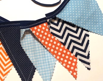 Orange Blue Pennant bunting, fabric pennant banner, orange navy light blue, argyle, chevron, stripes, polkadots - SINGLE sided flags total