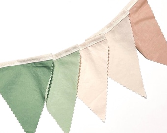 Woodland nursery bunting, gender neutral decor, jungle safari, pennant banner garland, solid colors, sage green tan cream, 10 flags total