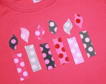 Girls Candle Birthday Shirt, 6th Birthday Shirt, Pink Gray Birthday Shirt, Pink and Gray Polkadots, Short Sleeve Dark Pink - Any Size