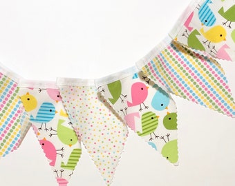 Easter pennant bunting, Easter decor, pastel fabric banner, pink green blue yellow, baby chicks, birds, peeps, polkadots, You Choose Length