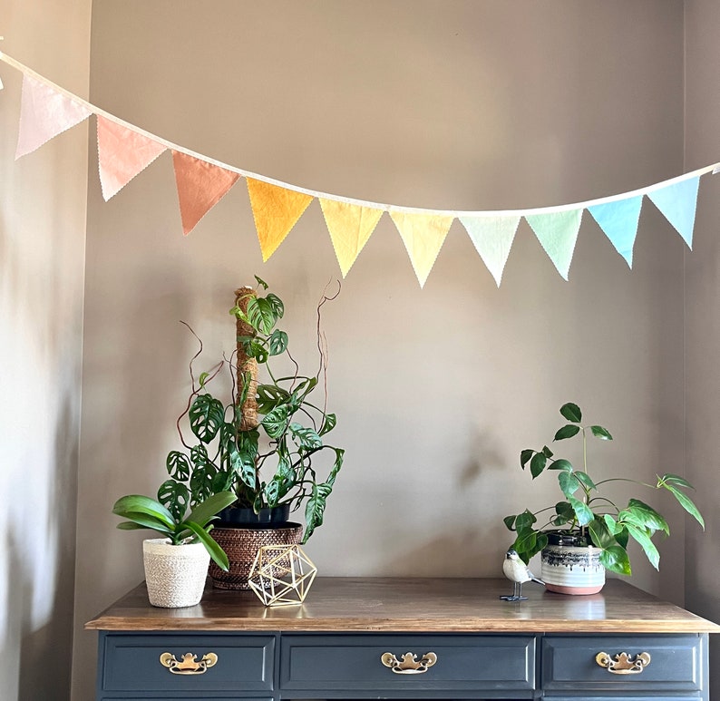Puede incluir: Una guirnalda de tela colorida con tonos pastel de amarillo, verde, azul y rosa cuelga sobre una c&oacute;moda gris oscuro con tres cajones. Dos plantas en maceta est&aacute;n sobre la c&oacute;moda, una con una cesta tejida y la otra en una maceta de cer&aacute;mica blanca.