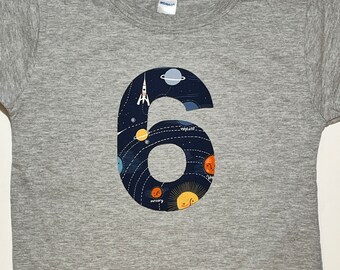 Outer Space Birthday Shirt, Boys 6th Birthday Shirt, Boys Number Shirt, Planets Rockets Stars, short sleeve -  you choose size and number