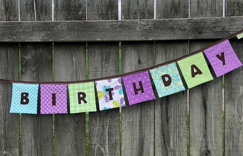 Girls HAPPY BIRTHDAY Reusable Fabric Banner  Purples Greens image 5