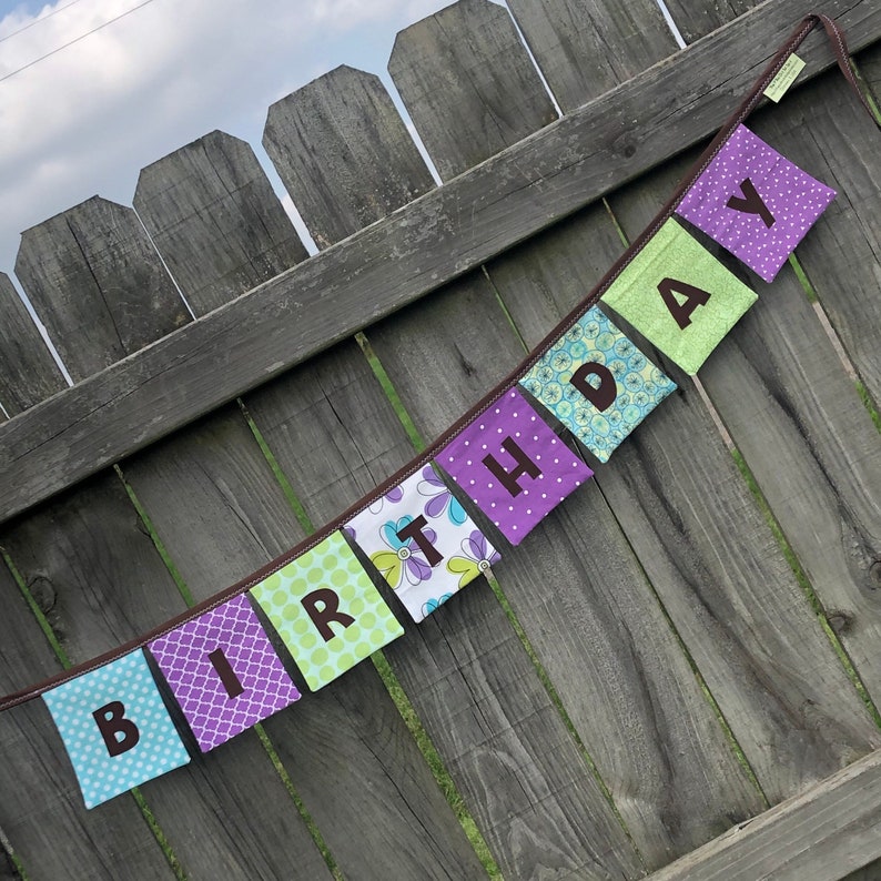 Girls HAPPY BIRTHDAY Reusable Fabric Banner  Purples Greens image 1