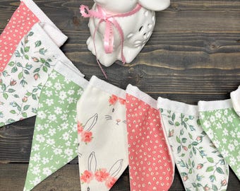Easter Bunny Pennant Bunting, Pink Green Floral Fabric Banner, Vintage Design, Spring Tulip, Farmhouse Decor, Handmade Garland, Eco Friendly
