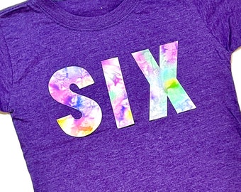 Girls Tie Dye Birthday Shirt, Girls Purple SIX Shirt, Tie Dye Party, Peace Party, Hippy Birthday, Rainbow Party, Any size and number