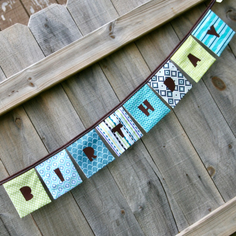 HAPPY BIRTHDAY Banner Reusable Fabric Banner  RETRO in Aqua image 0