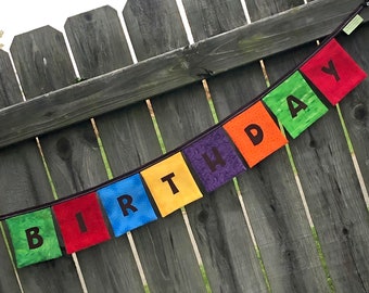 HAPPY BIRTHDAY Banner, Reusable Fabric Sign, Bright Cheery Rainbow, Primary Colors, gender neutral kids decor, handmade, sewn bunting