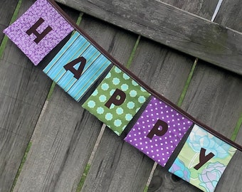 Girls HAPPY BIRTHDAY Reusable Fabric Banner - Purples, Greens, Aqua Blue - girls birthday decor, birthday bunting, purple green blue