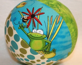 Froggy Fun Large Cloth Jingle Ball, Stuffed Ball Toy, Fabric Ball, Unisex Birthday Gift, Baby Shower Gift, Toddler Boy Girl Gift, Green Blue