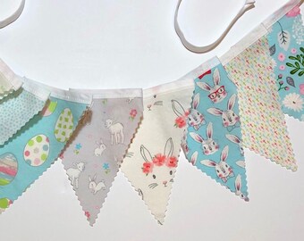 Easter pennant bunting, Pastel bunting, Easter decor, fabric banner in pastels, pink green blue gray - You Choose Length