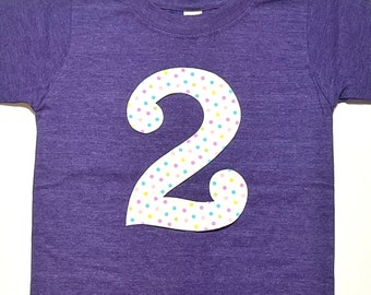 Confetti Birthday Shirt, Girls Number 2 Shirt, Simple Bday Shirt, Pastel Rainbow Polkadots, Short sleeve purple - any size and number