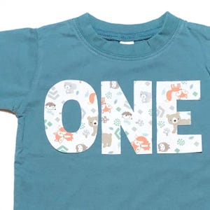 Camiseta de cumpleaños de animales del bosque, primer cumpleaños de bebé, un año, género neutro, amigos del bosque, zorro, oso, búho, erizo, número y talla personalizados.