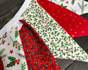 Bandeirolas de Natal, tecido com azevinho vermelho, verde e branco, bandeirinhas triangulares, decoração para lareira, guirlanda natalina feita à mão.