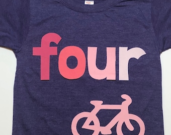 Bicycle Birthday Shirt, Girls FOUR shirt, 4th Birthday, Purple with Pink Ombré, Simple Birthday Shirt, You choose size and number