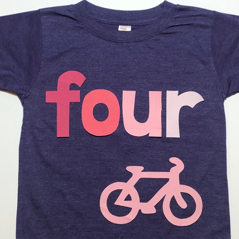 Bicycle Birthday Shirt, Girls FOUR shirt, 4th Birthday, Purple with Pink Ombré, Simple Birthday Shirt, You choose size and number image 1