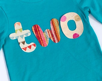 Girls 2nd Birthday Shirt, Lowercase TWO Shirt, Rainbow Birthday - Size 2 teal long sleeve, polkadots, rainbow stripe, pennant bunting