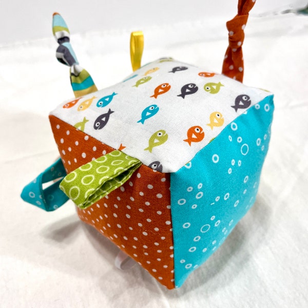 Fish sensory block toy, baby activity cube, shower gift, gender neutral, Montessori, soft fabric block, teething toy, boy girl