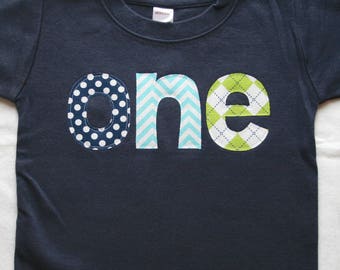 Boys ONE Shirt, First Birthday Shirt - navy short sleeve, aqua chevron lime green navy blue, you choose size and number