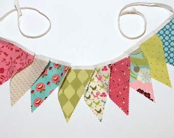 Floral spring pennant bunting, Farmhouse Easter decor, girls birthday decor, nursery decor, pink aqua sage green - 9 flags total