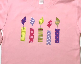 Girls Birthday Candle Shirt, pink green purple, polkadots and stripes, short sleeve pink shirt - Any size and number of candles