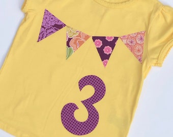 Girls 3rd Birthday Shirt, Spring Birthday, floral birthday, number 3 and pennants, purple yellow orange pink, pastel - size 3 short sleeve