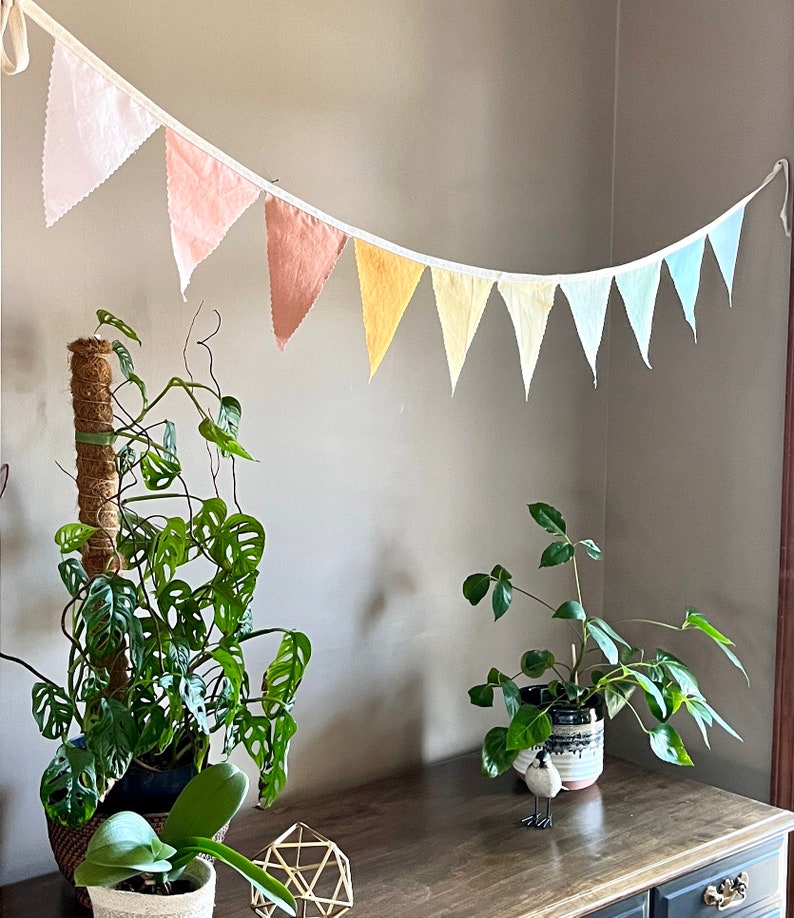 Puede incluir: Una guirnalda de tri&aacute;ngulos de tela de colores pastel cuelga de una pared de color beige claro. En primer plano hay dos plantas en macetas, una con hojas verdes y la otra con flores blancas.