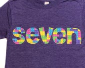 Girls Construction Block Birthday Shirt, Building Bricks, Seven Shirt, 7 year old, pink, green, purple, yellow, blue, custom size and number