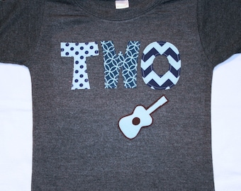 Guitar Birthday Shirt, Rock and Roll Birthday, Boys 2nd Birthday TWO Shirt, navy and light blue - heather gray shirt, any size and number