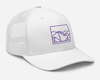 Mountain Twilight Trucker Cap, White/Purple hat, Mountain lover gift, mountain lover hat, hiking hat, hiking lover gift, minimalist design