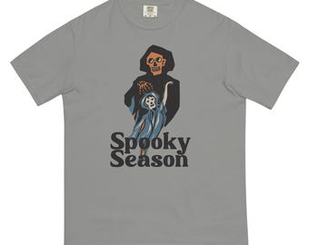Spooky Season, front print, Unisex heavyweight t-shirt, skeleton and ghost tshirt, halloween lover gift, vintage Halloween tshirt