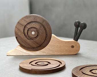 Custom Wooden Snail Coaster Set Kitchen Gift Idea, Personalized Engraved Wooden Coaster with Snail Holder, Wooden Drink Coaster Gift for Him
