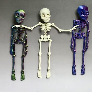 Könnte beinhalten: Eine Sammlung farbenfroher Skelettfiguren. Eine ist gelb, zwei sind schillernd und eine ist weiß. Die Skelette haben bewegliche Gliedmaßen und sind mit ausgestreckten Armen posiert. Wahrscheinlich für Halloween- oder Tag der Toten-Dekorationen.