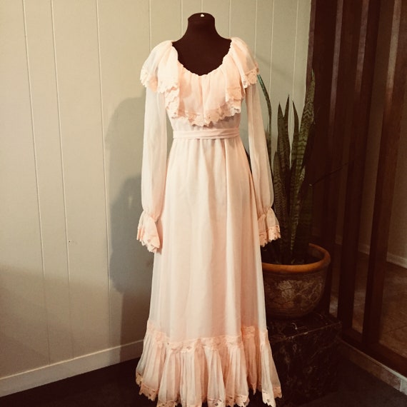 Flouncy Peach Ruffles n Pleats 70s Gown by Jack Br