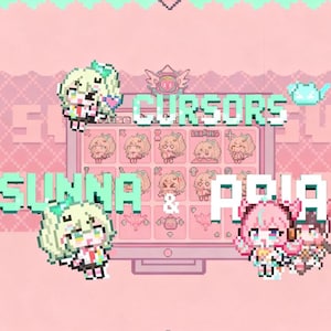 May include: A pixelated graphic with a pink and green color scheme. The word "CURSORS" is at the top, with "SUNNA & PRIA" below. Cartoon characters are featured throughout the design, with a computer screen in the center.