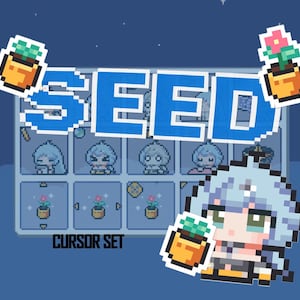 May include: Pixelated graphic with the word "SEED" in blue block letters. Below, a grid of pixel art characters and potted plants. The words "CURSOR SET" are at the bottom. The background is a dark blue with stars.