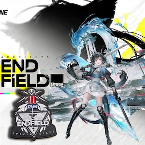May include: An illustration featuring a female anime character with black hair, holding a sword, and wearing a blue and white outfit. The background includes a blue dragon and the text "ARKNIGHTS END FIELD". A black and white patch with the text "ENDFIELD INDUSTRIES SPECIAL STAFF" is also visible.