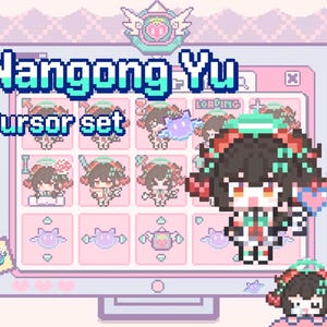 Può includere: Un'opera d'arte digitale pixelata con un set di cursori intitolato "Nangong Yu". Il design include diverse varianti di personaggi e icone, il tutto in una palette di colori pastello. Il personaggio principale è una ragazza con i capelli scuri e un copricapo decorativo.