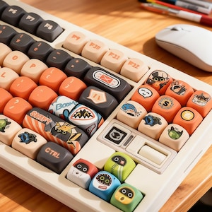 May include: A custom mechanical keyboard with a cream-colored base and colorful keycaps. The keycaps feature various designs, including cartoon characters, geometric shapes, and text like "SHIFT" and "CTRL". The keyboard is on a wooden surface.