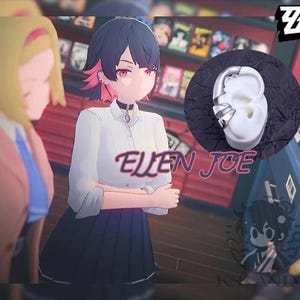 Può includere: Illustrazione in stile anime con un personaggio con capelli scuri e riflessi rosa, che indossa una camicia bianca e una gonna nera. Il testo "ELLEN JOE" è sovrapposto. Primo piano di un oggetto bianco a forma di orecchio con dettagli argentati.