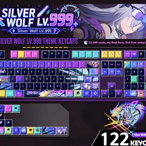 Puede incluir: Un teclado con teclas en morado, azul y amarillo. Las teclas tienen el texto "Silver Wolf LV.999" e incluyen ilustraciones de un personaje. La imagen también muestra un conjunto de 122 teclas.