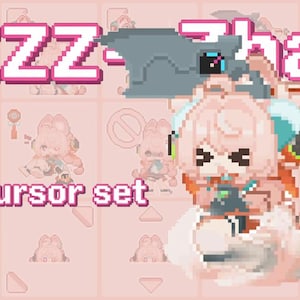 Puede incluir: Gráfico pixelado con un personaje de anime de pelo rosa, un tocado gris y el texto "zzz Zhao" y "Cursor set". El fondo es una cuadrícula rosa claro con elementos gráficos adicionales.