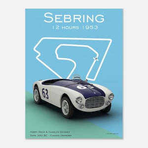 May include: A vintage white and blue race car with the number 63 on the side. The car is on a blue background with a white outline of a racetrack. The text "SEBRING 12 HOURS 1953" is at the top of the image. The text "HARRY BECK & CHARLES DEVANEY SIATA 300 BC - CHASSIS UNKNOWN" is at the bottom of the image.