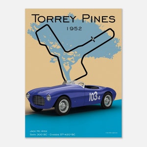 Pode incluir: Um carro de corrida azul vintage com o número 1034 no lado, dirigindo em uma pista com uma árvore no fundo. O texto "TORREY PINES 1952" está no topo da imagem. O texto "JACK MC AFEE SIATA 300 BC CHASSIS ST*420*BC" está na parte inferior da imagem.