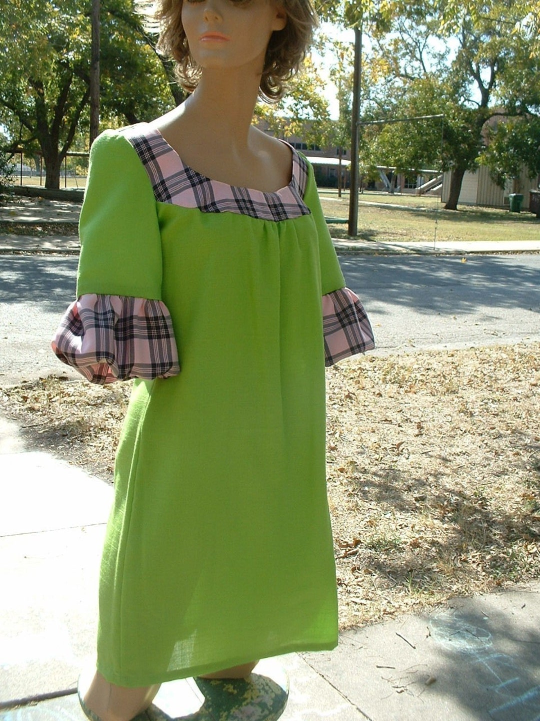 IMAGINE THAT GREEN PINK PLAID MIDI DRESS