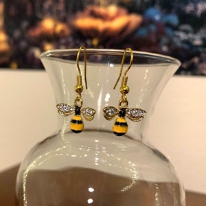 Bee Dangle Earrings Bumblebee/insect/flower/spring/summer/nature/outdoors/novelty/animal/honey/black and yellow/sparkly wings