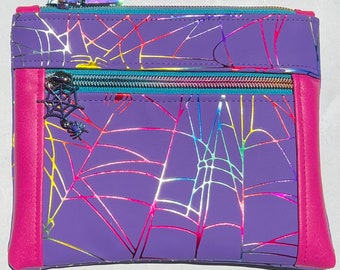 Neon Spiderweb Makeup Bag: Spiders, Metallic, Purple. Travel Bag, Cosmetic Bag.