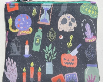 Mystic Halloween Zipper Pouch: Snakes, Crystal Ball, Witchy, Skulls, Poison, Ouija, Candles.