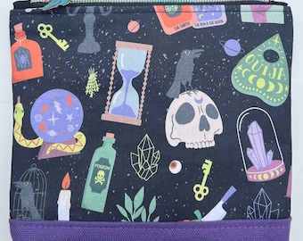 Mystic Halloween Cosmetic Bag: Snakes, Crystal Ball, Witchy, Skulls, Poison, Ouija, Candles. Makeup Bag, Zipper Pouch.